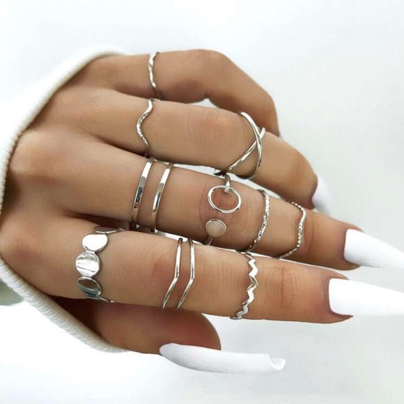 51Twenty Jewelry - CER SILVER TONE MINIMALIST 10 PC MIDI BOHO FASHION RING SET